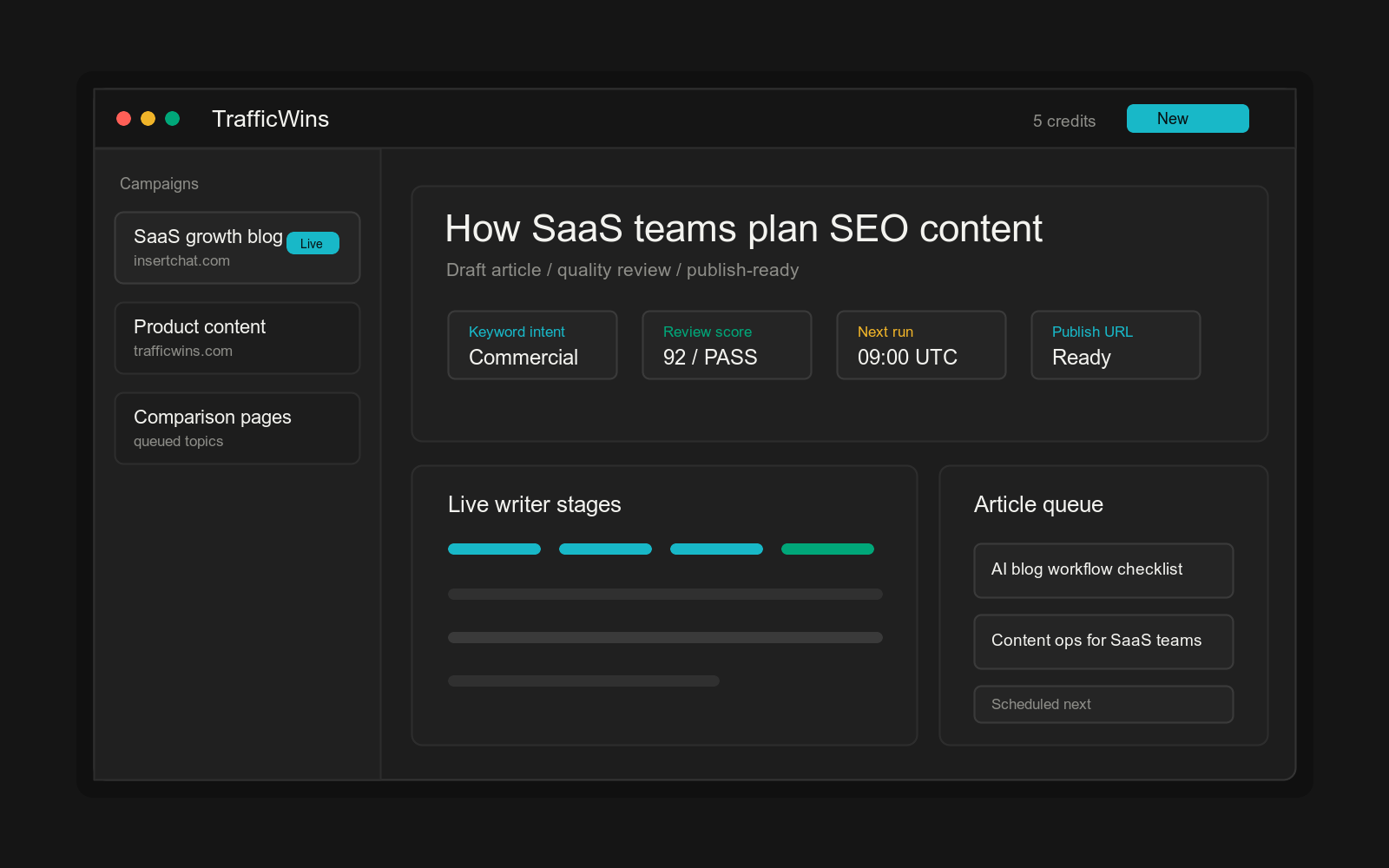 TrafficWins campaign and article workflow preview
